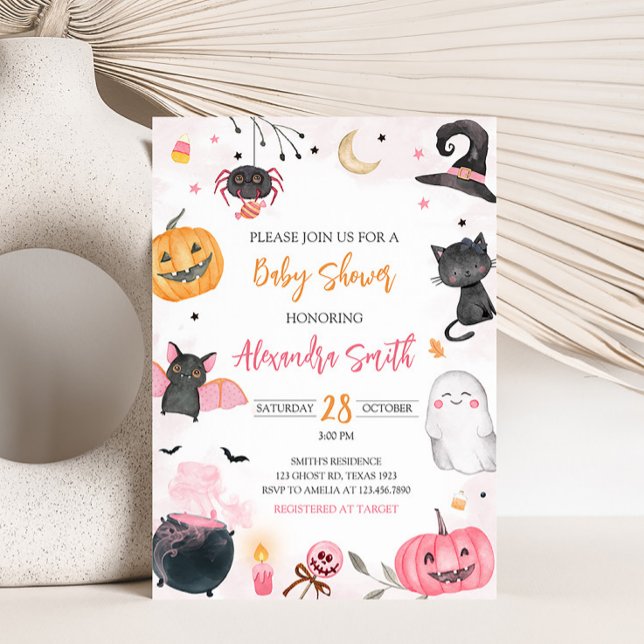 Invitación Baby Shower de Halloween rosa (Pink Ghost Halloween Baby Shower Invitation)