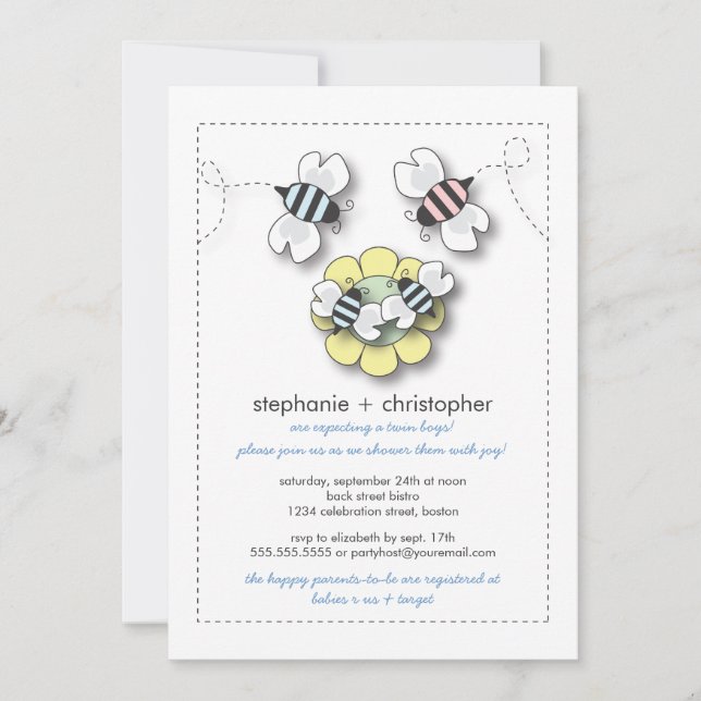 Invitación Baby Shower de Happy Bee Family Twin Bo (Anverso)