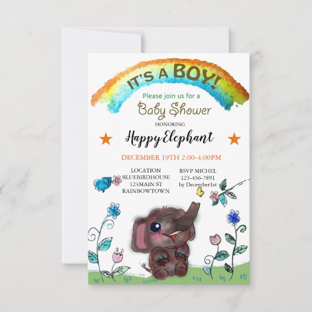 Invitación Baby Shower de Happy Elephant Rainbow Town (Anverso)