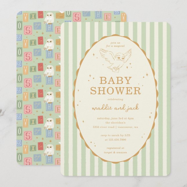 Invitación Baby Shower de Harry Potter Hedwig Neutral en cuan (Anverso / Reverso)