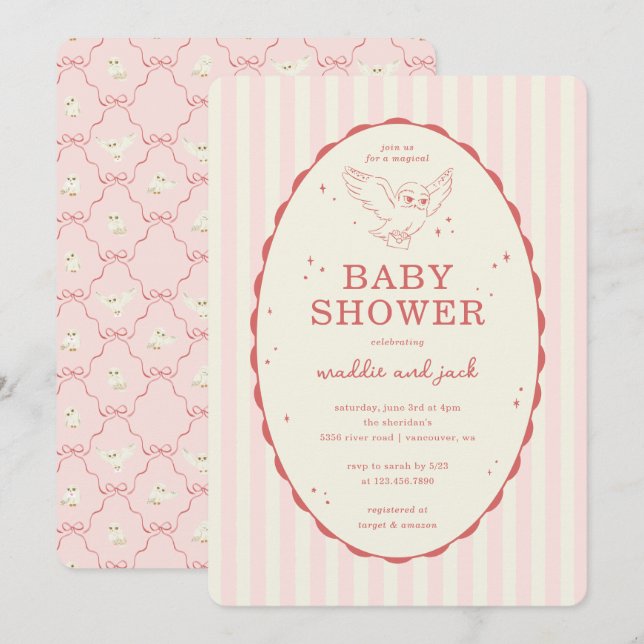 Invitación Baby Shower de Harry Potter Hedwig Raya Rosa (Anverso / Reverso)