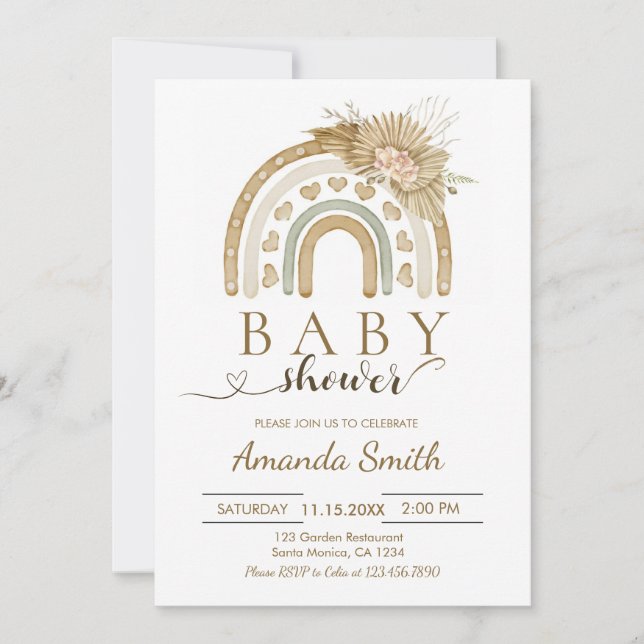 Invitación Baby Shower de hierba rosa arcoiris boho (Anverso)