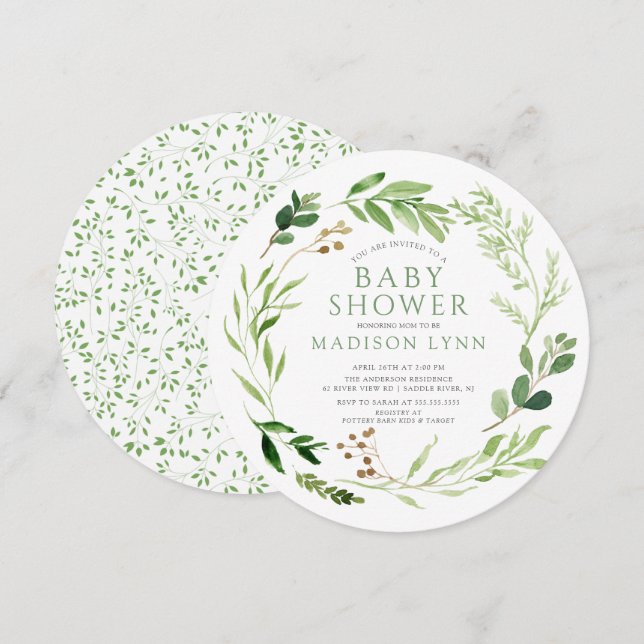 Invitación Baby Shower de hoja verde botánica (Anverso / Reverso)