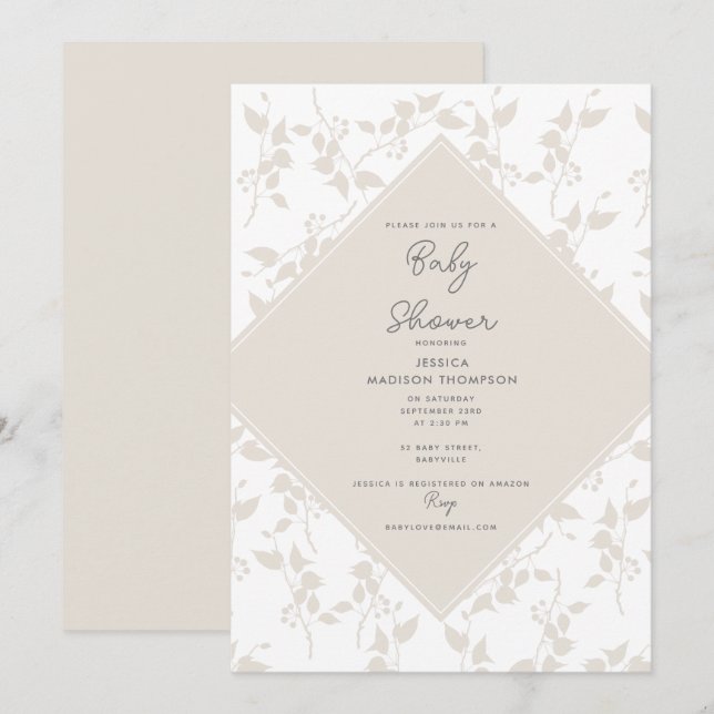 Invitación Baby Shower de hojas decorativas beige botánicas (Anverso / Reverso)