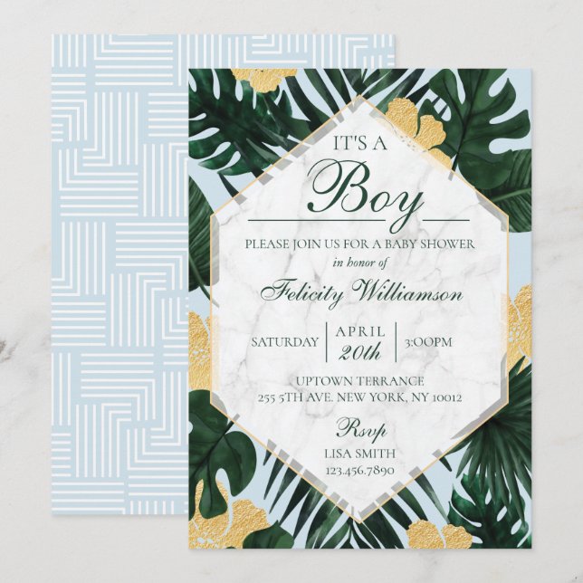 Invitación Baby Shower de hojas tropicales Marble  (Anverso / Reverso)