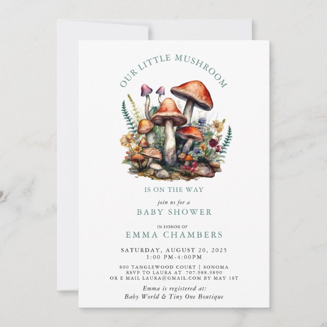Invitación Baby Shower de hongos boscosos encantados (Anverso)