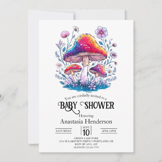 Invitación Baby Shower de hongos con encanto (Anverso)
