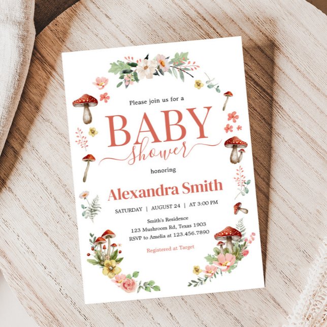 Invitación Baby Shower de hongos de flores silvestres encanta (Enchanted Mushroom Baby Shower Invitation )