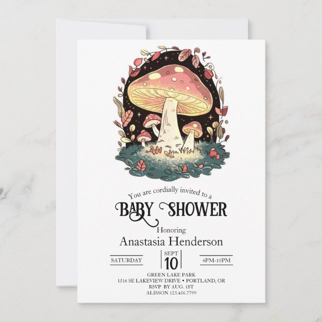 Invitación Baby Shower de hongos encantados Pastel (Anverso)