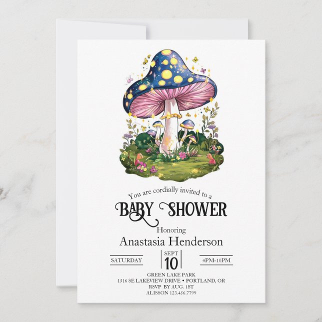 Invitación Baby Shower de hongos mágico y encantador (Anverso)