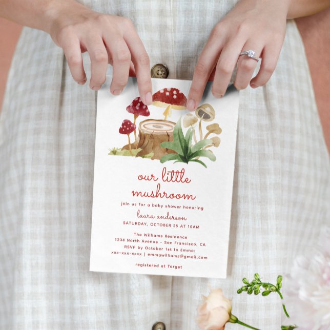 Invitación Baby Shower de hongos para el bosque acuático (our little mushroom baby shower invitation with vichy background dress)