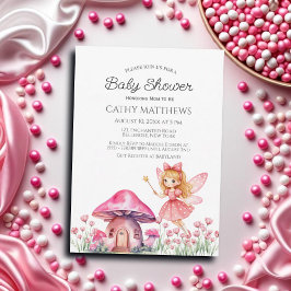 Invitación Baby Shower de hongos rosados y hadas sonrientes