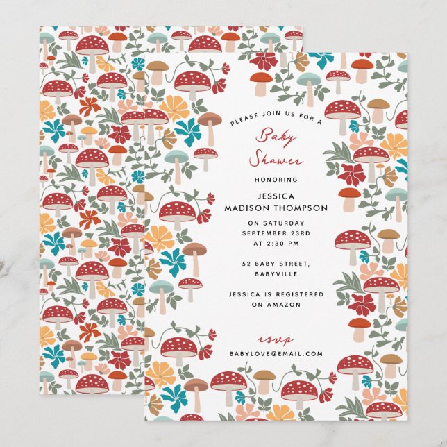 Invitación Baby Shower de hongos y flores de mediados del sig (Anverso / Reverso)