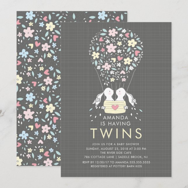 Invitación Baby Shower de Hot Air Balloon Bunny TW (Anverso / Reverso)