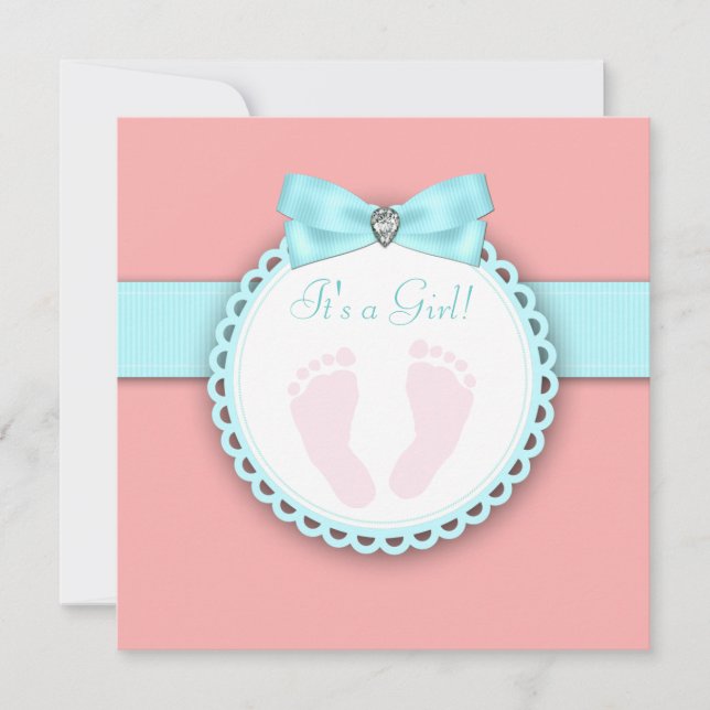Invitación Baby Shower de huella rosa azul Verde azulada de c (Anverso)