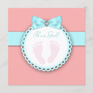 Invitación Baby Shower de huella rosa azul Verde azulada de c