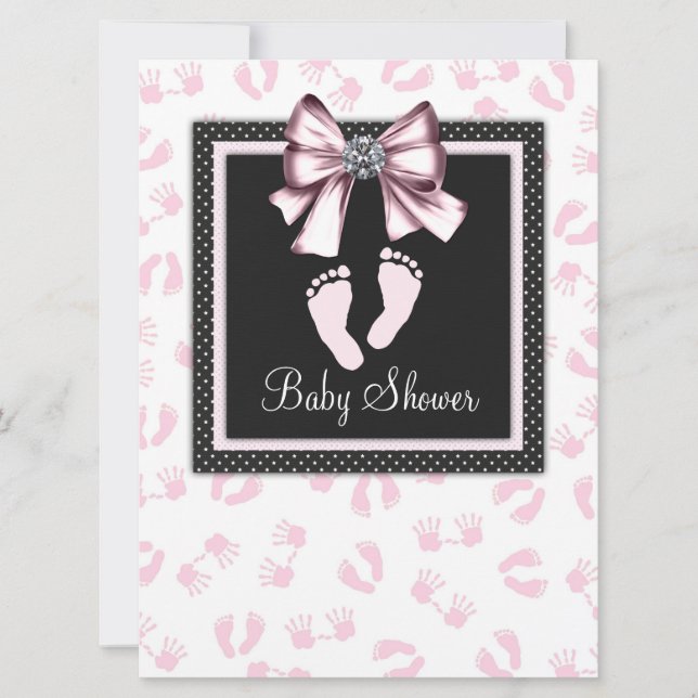 Invitación Baby Shower de huellas rosadas negras rosadas (Anverso)