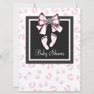 Invitación Baby Shower de huellas rosadas negras rosadas