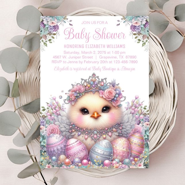 Invitación Baby Shower de huevos de pascua de pollo dulce (Sweet baby chick with pretty pastel jewels & eggs. )