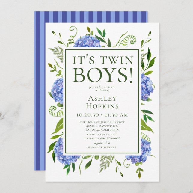 Invitación Baby Shower de Hydrangeas Azules de los chicos gem (Anverso / Reverso)
