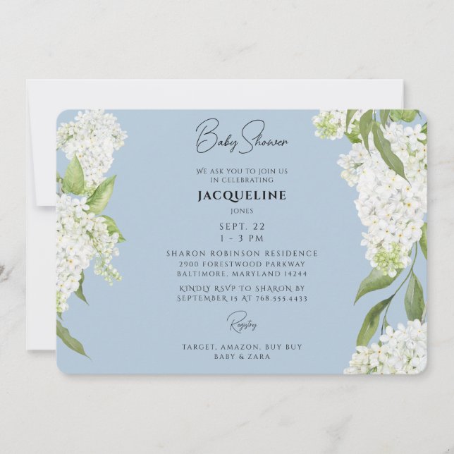 Invitación Baby Shower de Hydrangeas Blancas con capucha azul (Anverso)