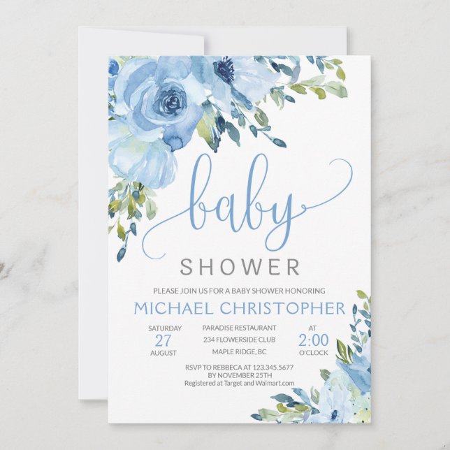 Invitación Baby Shower de Ice Blue Floral Boy (Anverso)