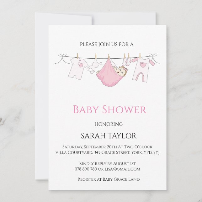 Invitación Baby Shower de ilustracion rosa simple (Anverso)