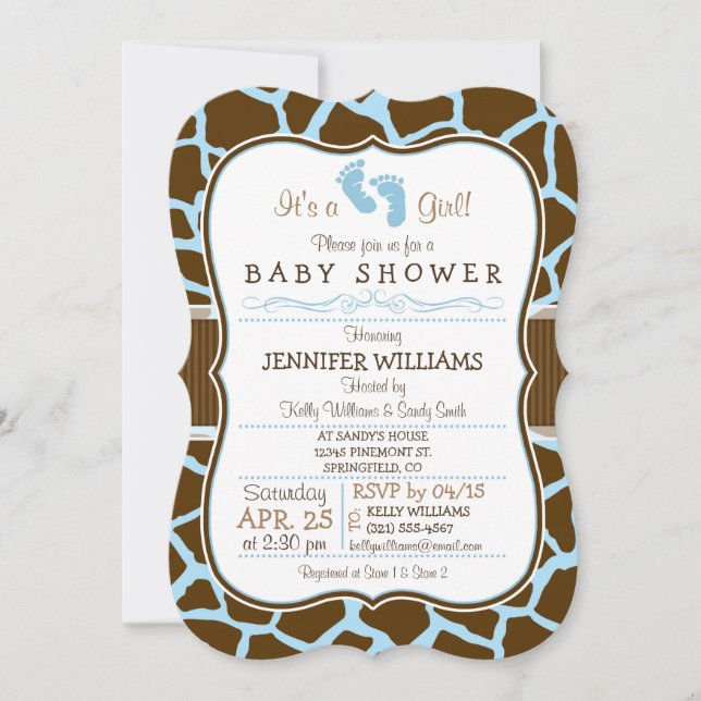 Invitación Baby Shower de impresión de animal marrón y azul (Anverso)