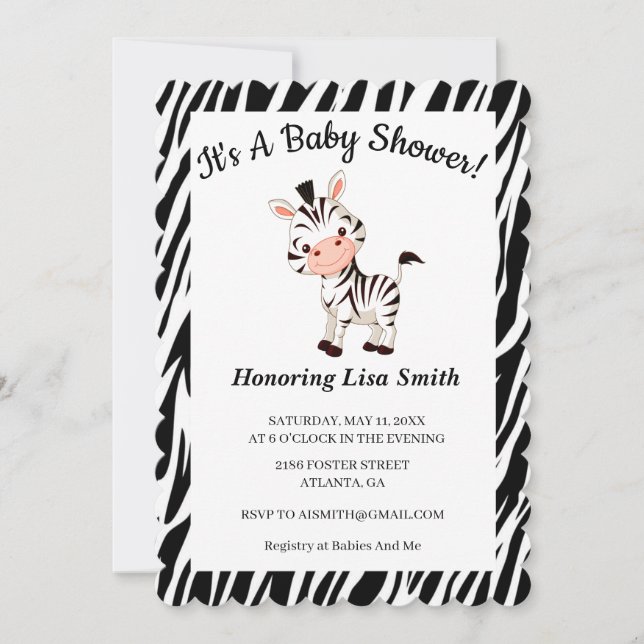 Invitación Baby Shower de impresión de animales de cebra (Anverso)