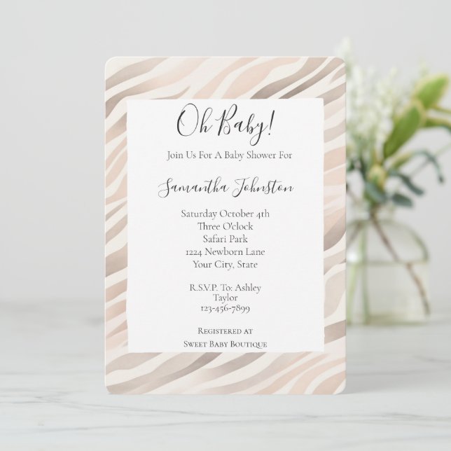 Invitación Baby Shower de impresión de animales de cebra rosa (Anverso de pie)