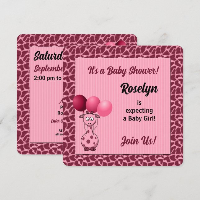 Invitación Baby Shower de impresión de animales de jirafa ros (Anverso / Reverso)