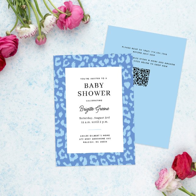 Invitación Baby Shower de impresión de animales de leopardo a (blue on blue leopard print modern baby shower invitation)