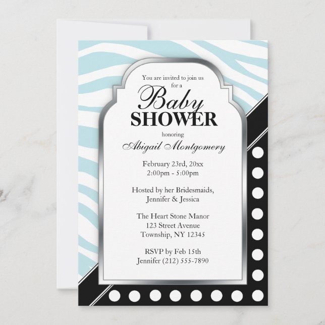 Invitación Baby Shower de impresión de cebra azul de punto de (Anverso)