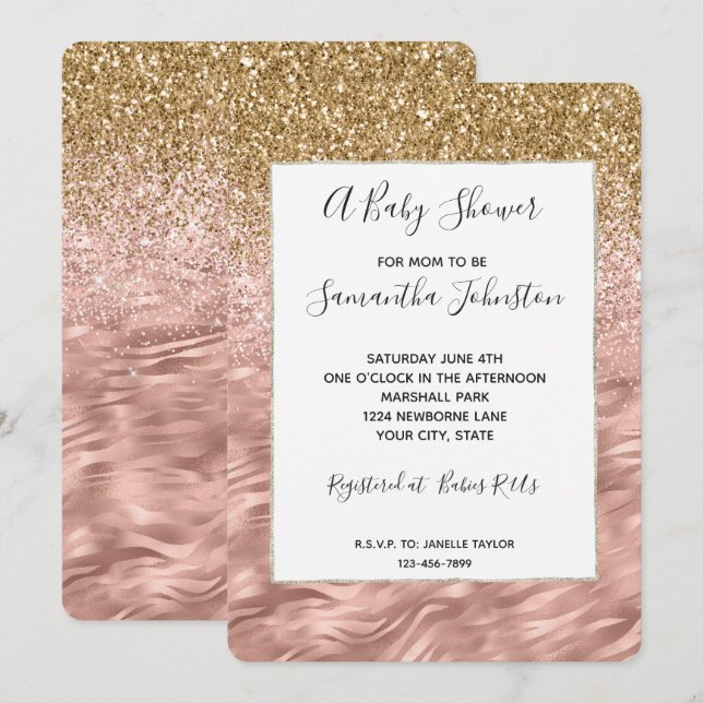 Invitación Baby Shower de impresión de cebra de glitz rosa de (Anverso / Reverso)