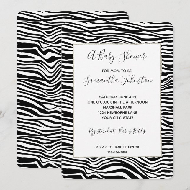 Invitación Baby Shower de impresión de cebra en blanco y negr (Anverso / Reverso)