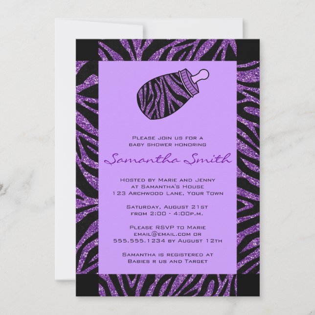 Invitación Baby Shower de impresión de cebra negra y púrpura (Anverso)