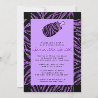 Invitación Baby Shower de impresión de cebra negra y púrpura