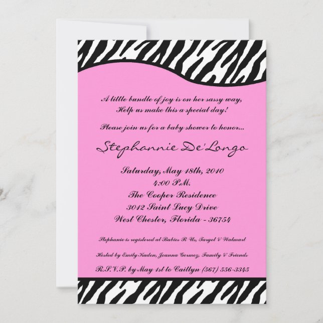 Invitación Baby Shower de impresión de cebra rosa  (Anverso)