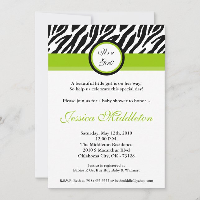 Invitación Baby Shower de impresión de cebra verde (Anverso)