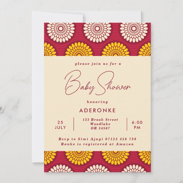 Invitación Baby Shower de impresión de cera roja y amarilla a (Anverso)