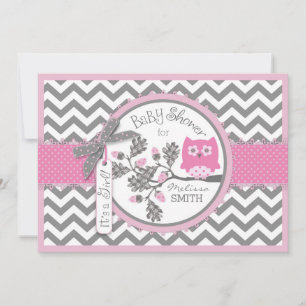 Invitación Baby Shower de impresión de chevron de búho rosa