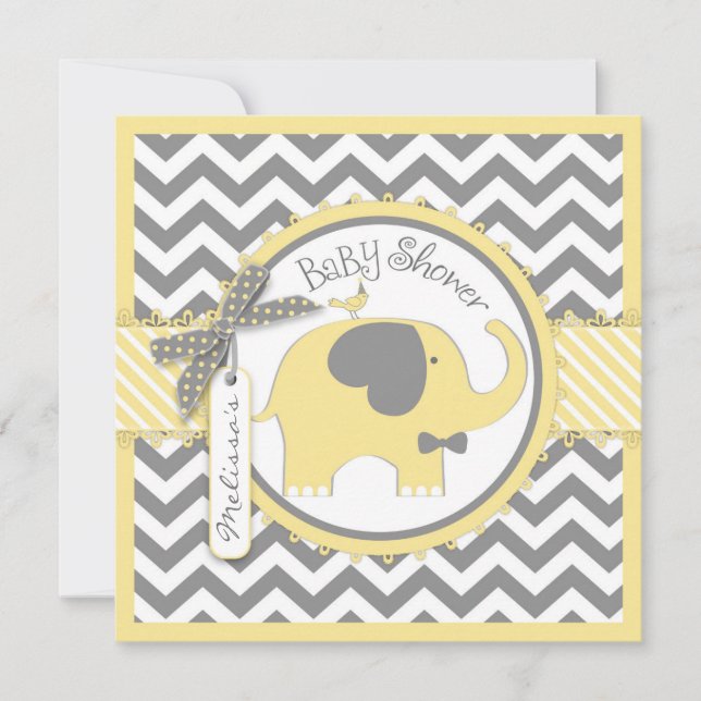 Invitación Baby Shower de impresión de elefante amarillo con  (Anverso)