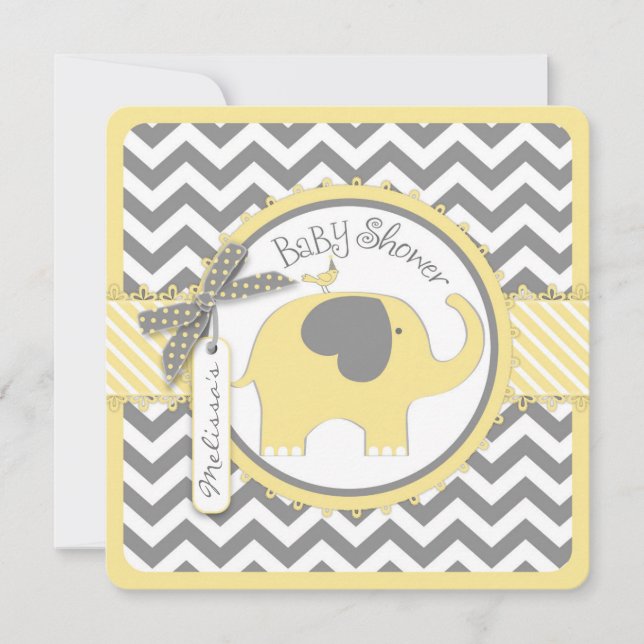 Invitación Baby Shower de impresión de elefante amarillo y ch (Anverso)