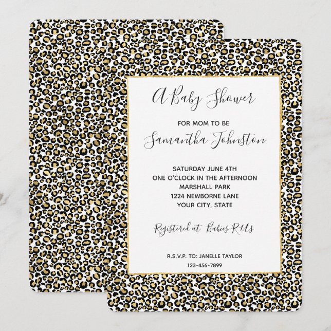 Invitación Baby Shower de impresión de Leopardo Negro Gold (Anverso / Reverso)