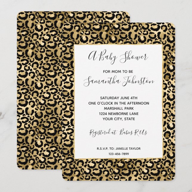 Invitación Baby Shower de impresión de Leopardo Negro Gold Gl (Anverso / Reverso)