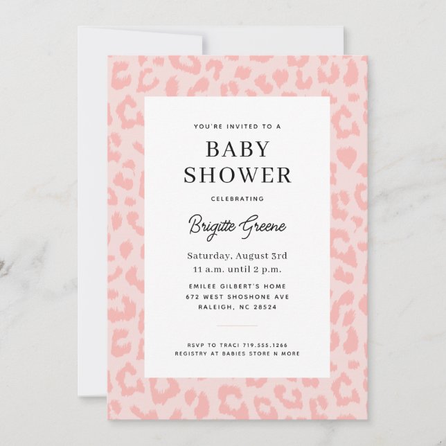 Invitación Baby Shower de impresión de leopardo rosa (Anverso)