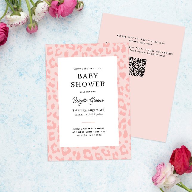 Invitación Baby Shower de impresión de leopardo rosa (soft pink leopard print framed modern girly baby shower)