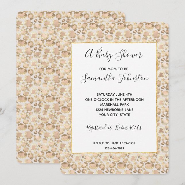 Invitación Baby Shower de impresión de Leopardo Rosa Rubor Go (Anverso / Reverso)