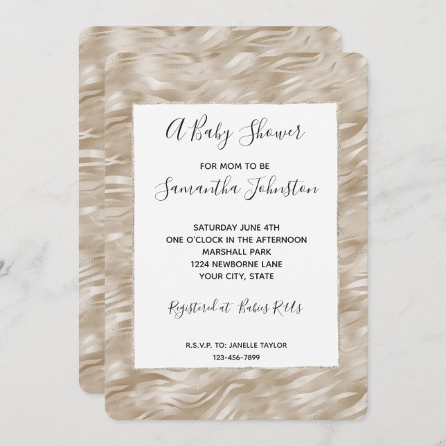 Invitación Baby Shower de impresión de moda Gold Zebra (Anverso / Reverso)