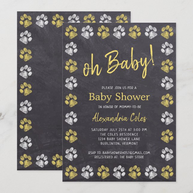 Invitación Baby Shower de impresión de papel amarillo gris de (Anverso / Reverso)